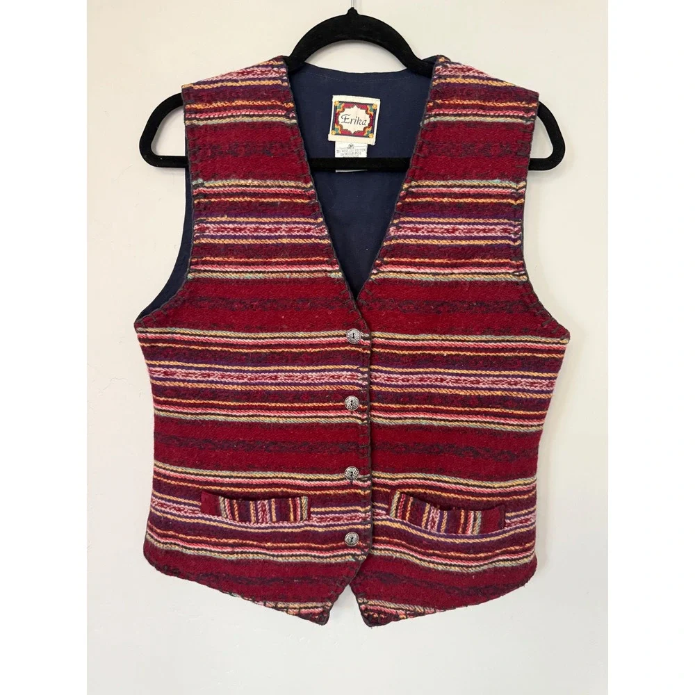 Erika Womens Southwestern Native American Blanket Vest Striped Wool Blend Size M